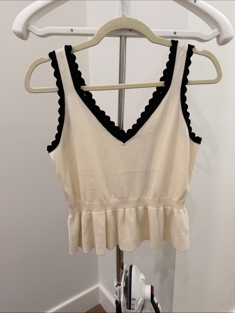 Express Cream Peplum Tank with Black Scalloped Trim